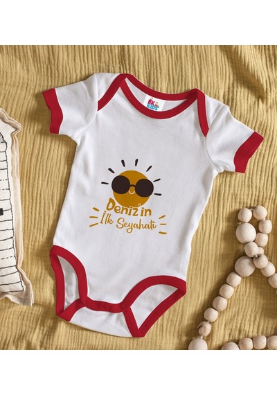 Bk Gift Bk Kids Kişiye Özel İlk Seyahat Tasarımlı Kırmızı Bebek Body Zıbın-1 Çok Renkli