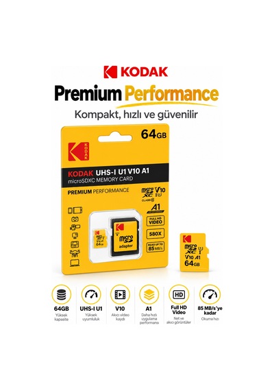 64gb Microsdxc Hafıza Kartı Uhs-ı U1 V10 A1 85 Mb/s Full Hd Sd Adaptörlü