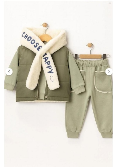 Erkek Bebek 3 Lü Kışlık Eşofman Takımı Polar Şallı, Şardonlu Yelekli, Sweatshirt Ve Alt 10697-y Yeşil