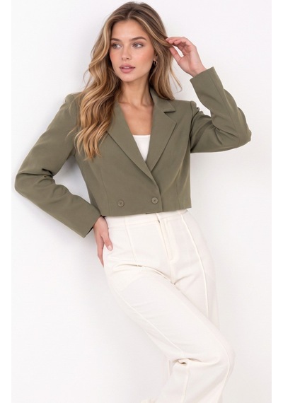 Saade Haki Kadın Regular Fit Kruvaze Kapama Dokuma Crop Blazer Ceket -şık & Spor