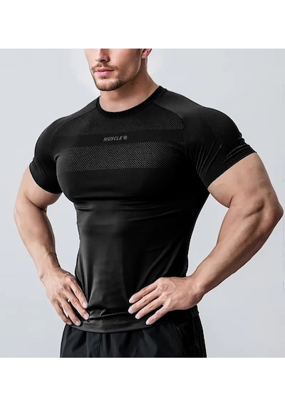 Ghassy Co. Erkek Nem Emici Hızlı Kuruyan Renk Solmayan Atletik Teknik Fitness Spor T-shirt siyah
