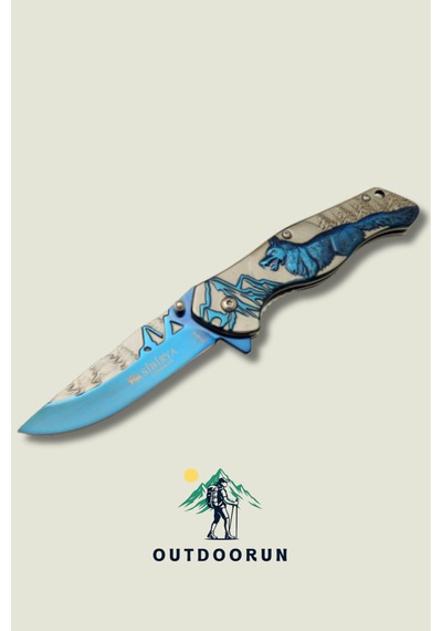 Mavi Bozkurt Kabartmalı Kamp Çakı - 20,5 Cm Mavi