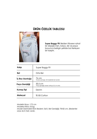 Kadın Ice 12s6-3 Süper Baggy Özel Nakışlı Tasarım Denim Jean Buz Mavi
