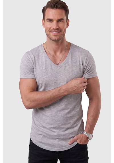 Deepsea Gri Erkek Slim Fit Derin V Yaka Basic Tişört %90 Pamuk Likralı Asimetrik Kesim 2602265