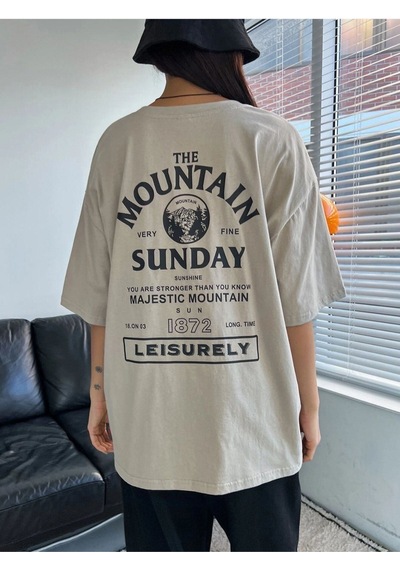 Flood Of Style Kadın Gri Mountaın Oversize Bisiklet Yaka Tshirt