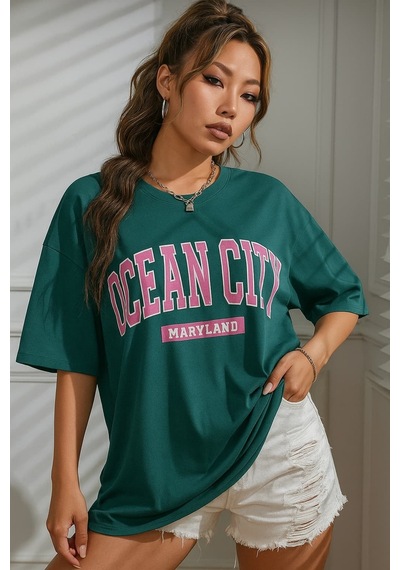 Ocean Cıty Baskılı Oversize Unisex Tişört Yeşil