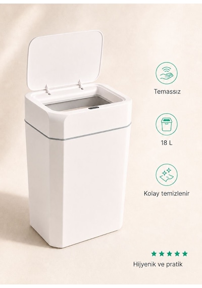 Sensörlü Akıllı Çöp Kovası 18 L - Pilli Otomatik Mutfak Banyo Çöp Kutusu Beyaz 40 Cm