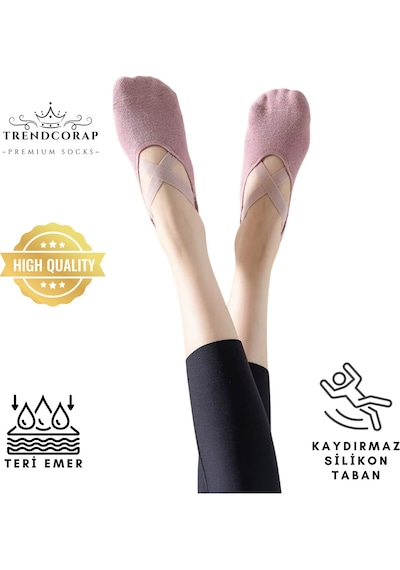 Trendcorap Premium Kadın Kaydırmaz Silikon Baskı Tabanlı Pilates Yoga Fitness Bale Dans Aktivite Çorabı 9'lu Siyah