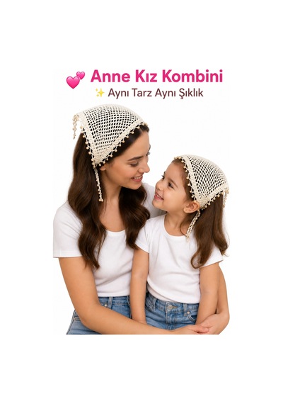 Anne Kız Kombin Bandana El Örgüsü Saç Bandı Bohem Stil Ayarlanabilir 2li Set Bej