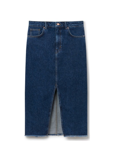 Denim Yırtmaçlı Midi Etek Mavi