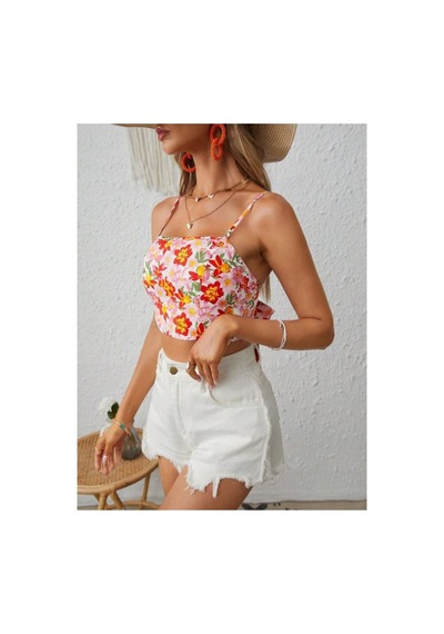Bella Notte Retro Çiçek Baskılı Sırt Dekolteli Crop Bluz Pembe