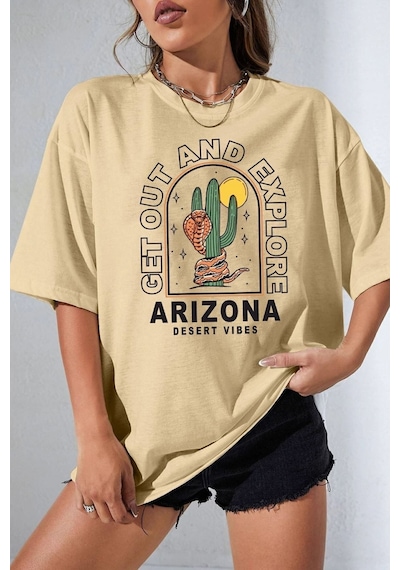 Uyguntarz Unisex Arizona Baskılı T-shirt Bej