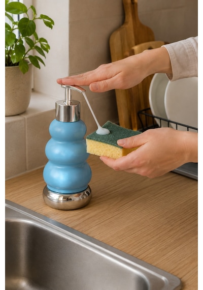 Trıo Dekoratif Premium 3 Boğumlu Sıvı Sabunluk 300 Ml Krom Görünümlü Pompalı Pastel Yeşil Banyo Ve Mutfak Sabun Dispenseri - 18,5 Cm X 7 Cm Mavi