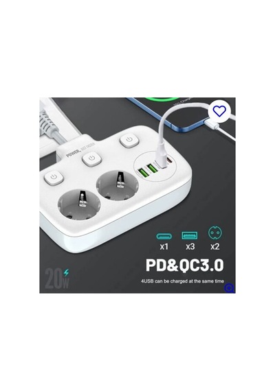 Enerji Kabloları Akım Korumalı 2 Li Ayrı Anahtarlı Priz, 2x Priz, 3x Usb, 1x Type-c, 2 Mt Kablo, Hızlı Şarj