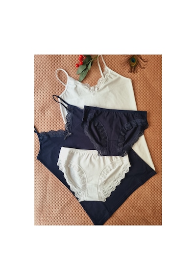 Demirsa Boutique Pamuklu, İp Askılı Dantel Detaylı 2'li Atlet Külot Takım Lacivert Ve Beyaz Renk Lacivert Demirsa Boutique Pamuklu, İp Askılı Dantel Detaylı 2'li Atlet Külot Takım Lacivert Ve Beyaz Renk Lacivert