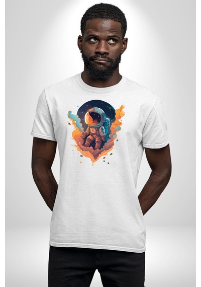 Bulutlar Astronot Uzay Unisex Unisex Beyaz Organik Baskılı T-shirt Penye Yüksek Kalite Beyaz
