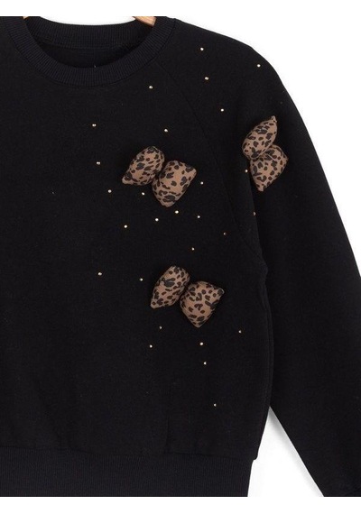 Kız Çocuk Leopar Fiyonk Detaylı Sweatshirt-16132 Siyah