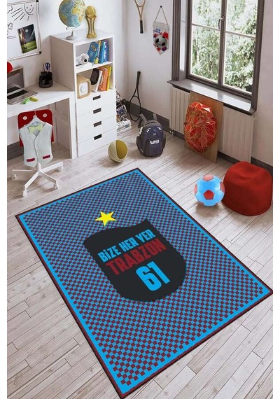 Bordo Ve Mavi Kaymaz Tabanlı Yıkanabilen Taraftar Halısı Kd108n11 Bordo - Mavi