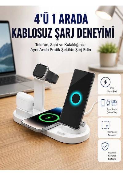 Masaüstü Düzenleyici 4 Ü 1 Arada Kablosuz Şarj Aksesuarı Yeni Nesil Beyaz