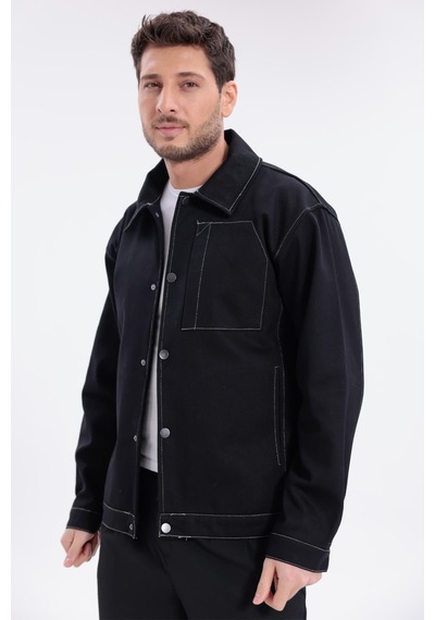 Erkek Dikiş Detaylı Oversize Gabardin Ceket - Mont-392 Siyah