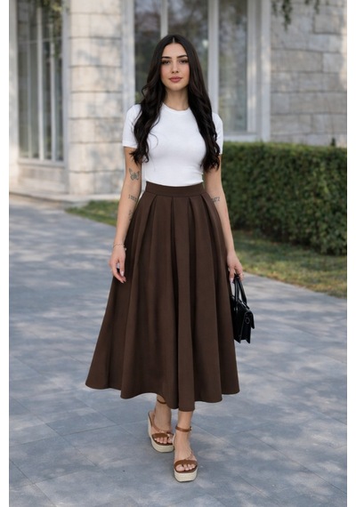 Winmoda34 Tesettür Dabıl Kumaş Pileli Tam Boy Uzun Etek Kahverengi