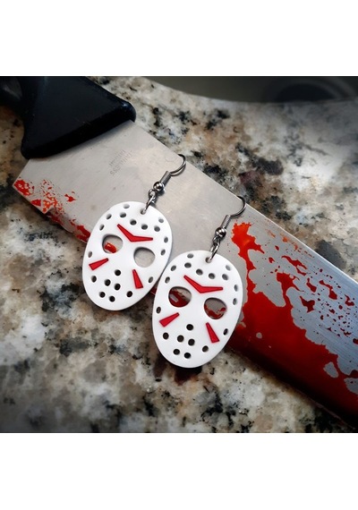 Jason Voorhees Hokey Maskesi Küpe Çifti - Cadılar Bayramı Temalı Korku Figürlü Aksesuar Beyaz