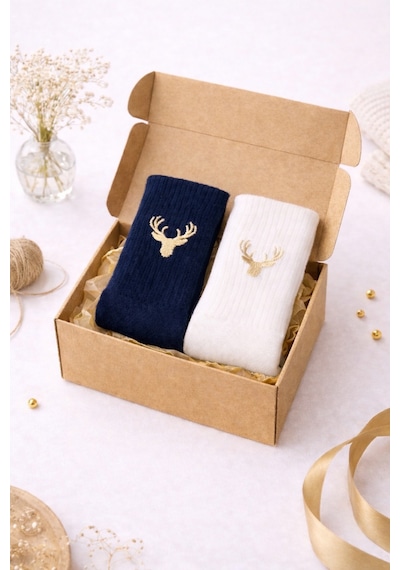 Unisex Pamuklu Çorap Seti 2 Li Nakışlı Hediye Çorap Kraft Kutulu Beden Seçenekli Kadın Erkek Lacivert
