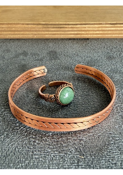 El İşi Bakır Bileklik Ve Doğal Taşlı Yüzük Kombini, Ayarlanabilir Ölçü Rose Gold