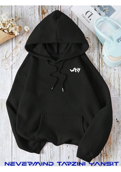 Nevermind Unisex Whe Are You Baskılı Oversize Baskılı Kapşonlu Sweatshirt 3 Siyah