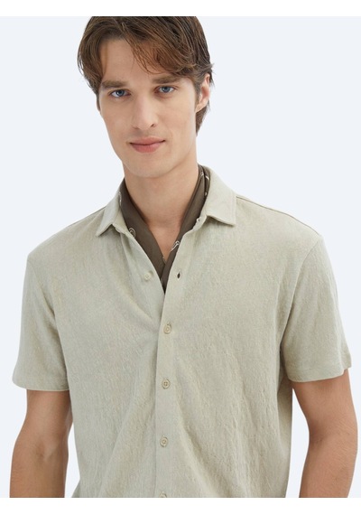 Kip Bej Düz Regular Fit Casual Pamuk Karışımlı Gömlek Bej