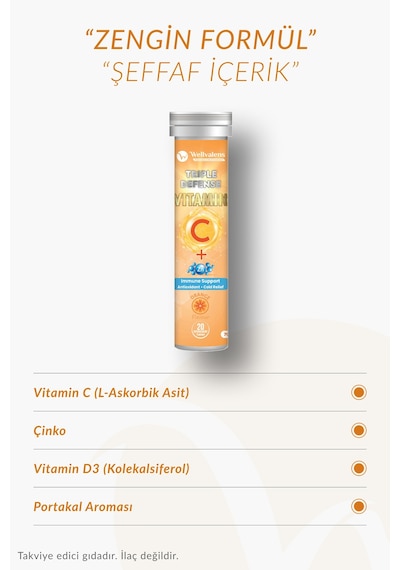 Triple Defense Efervesan Tablet 1000 Mg C Vitamini Çinko D3 Portakal Aromalı 20 Tablet
