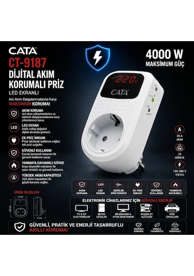 Cata Ct-9187 4000w Akım Korumalı Led Göstergeli Priz 4 Adet Kompakt Tasarım İle Güvenli Kullanım Yok