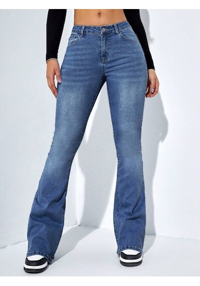 Soonaksesuar Kadın Yüksek Bel Cepli İspanyol Paçalı Kot Jeans Pantolon Mavi