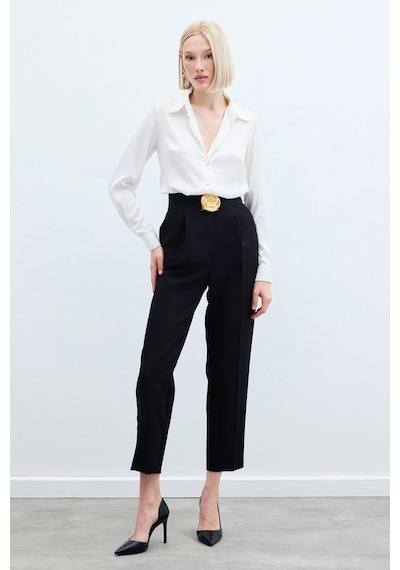 Sateen Yüksek Bel Klasik Pantolon - Siyah-136259 Siyah