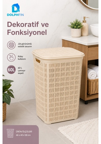 Jute Kirli Çamaşır Sepeti 60 L 46x40x58 Cm Oyuncak Saklama Taşıma Banyo Düzenleyici Sepet Bej