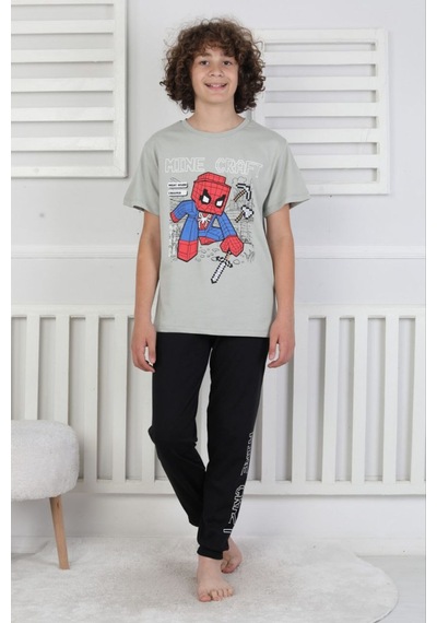 Bunny Hopp Erkek Çocuk Yazlık Kısa Kollu Baskılı Pijama Takımı %100 Pamuk 8-13 Yaş Yeşil