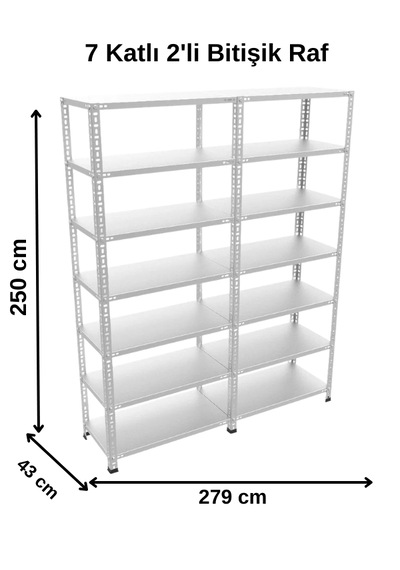 7 Katlı Duble 2'li Galvaniz Çelik Raf - Depo, Arşiv, Kiler, Dosya, Market Rafı 43x93x250cm Gri