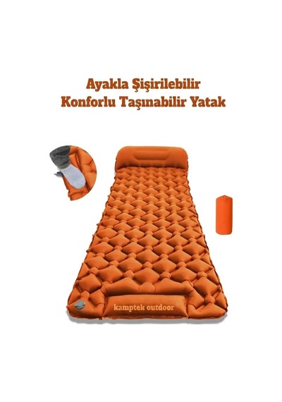 Kamptek Outdoor Premium Ergonomik Şişme Kamp Matı Entegre Ayak Pompalı, Yastıklı Ve Ultra Hafif Uyku Pedi Turuncu