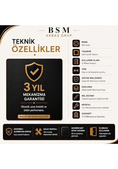 Kare Aynalı Oda Kapı Kolu Mat Siyah Alüminyum Kol Takımı