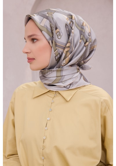 BELLİ Ekose Kemer Desen İpek Twill Eşarp 4200d01 Gümüş - 32