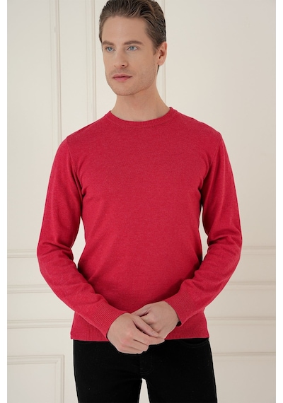 Slim Fit Ribanalı Düz Kırmızı Yünlü Bisiklet Yaka Triko Kazak Tr 900