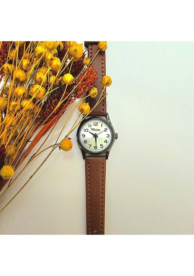 Retro Kadın Kol Saati, Vintage Tasarım, Klasik Tasarım, Siyah Kasa, Minimal Tasarım, Kayışlı Açık Kahverengi Altın