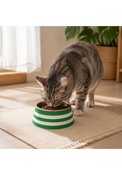 Kedi Köpek Mama Kabı Paslanmaz Çelik Hazneli Dekoratif Çizgili Mama Ve Su Kabı
