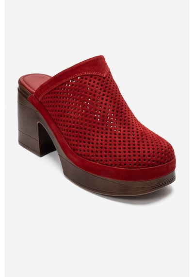 Luvi Shoes Dejas Kırmızı Süet Hakiki Deri Delikli Kadın Kalın Topuklu Terlik
