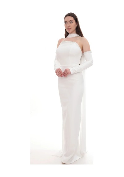 Berneva Beyaz İnci Detaylı Choker Yakalı Eldiven Kollu Abiye