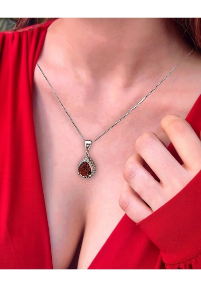 Brezza Lusso Jewelry Işıltılı Kırmızı Damla Kadın Gümüş Kolye 45 CM 45 CM