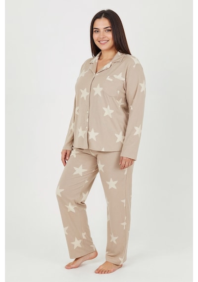 Bravie Luxury Soft Bej Yıldız Desenli Uzun Kollu Kadın Pijama Takımı Büyük Beden 3011 Bej