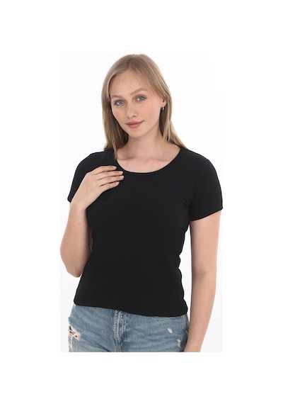 Monox Kadın Fitilli Likralı Pamuk Basic Tshirt Siyah