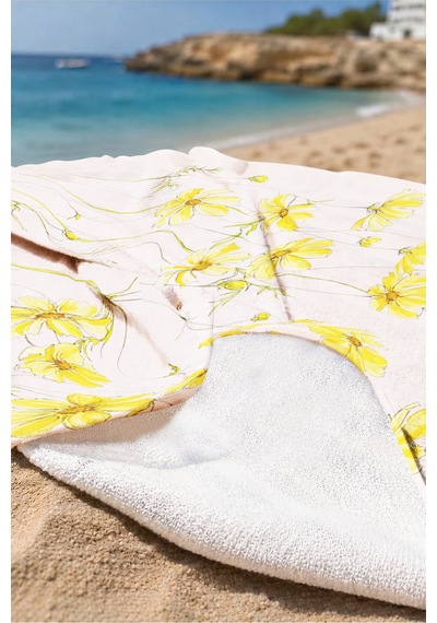 Pembe Zeminde Sarı Çiçek Temalı Plaj Havlusu - Bohem Pastel Floral Hızlı Kuruyan Mikrofiber Havlu Kül Rüyası