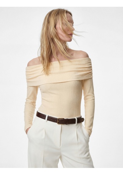Koton Slim Fit Drape Detaylı Uzun Kollu Madonna Yaka Omzu Açık Bodysuit Sarı 6sak80049pk